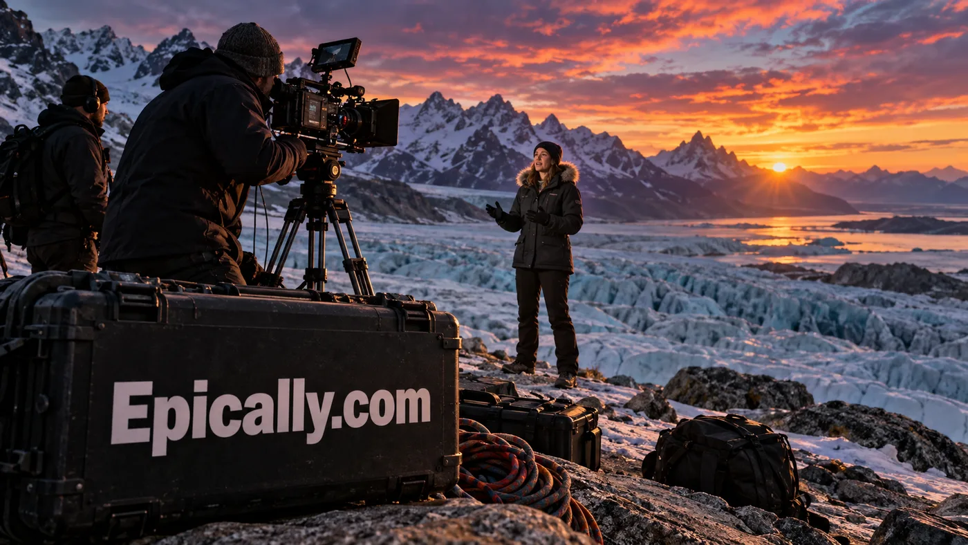 A documentary crew filming on location in the mountains
