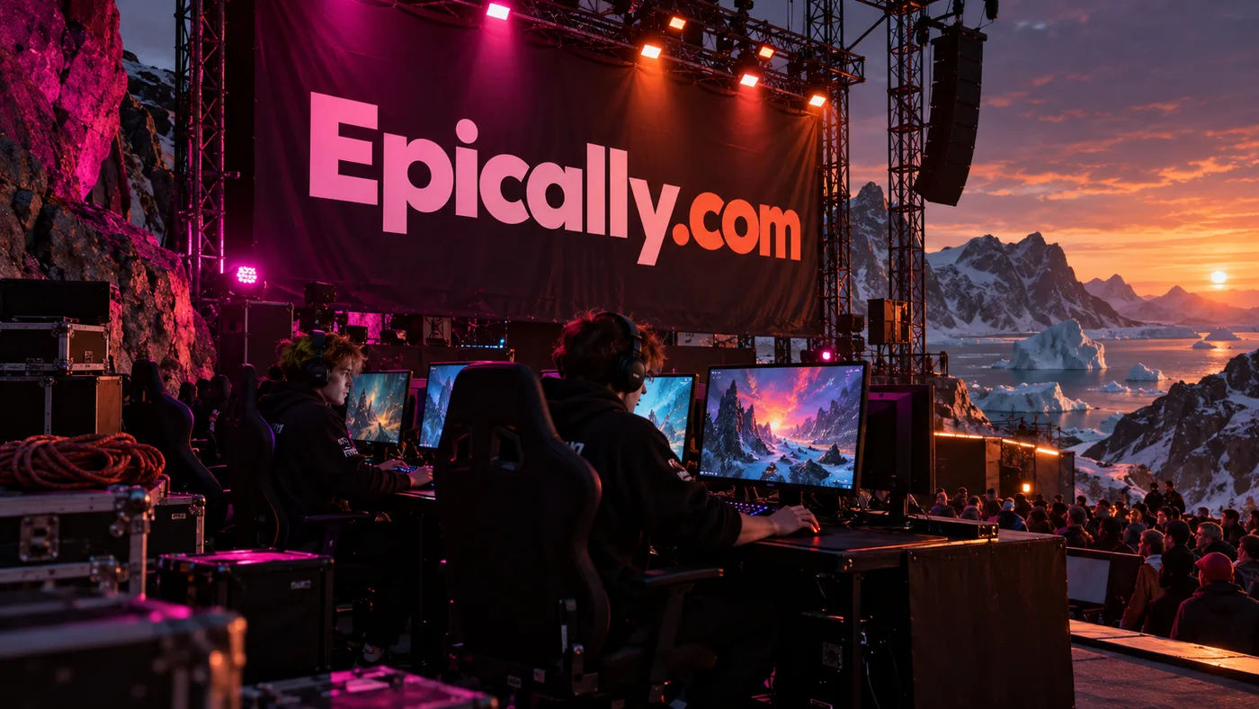 Gaming production desks facing a dramatically lit esports stage