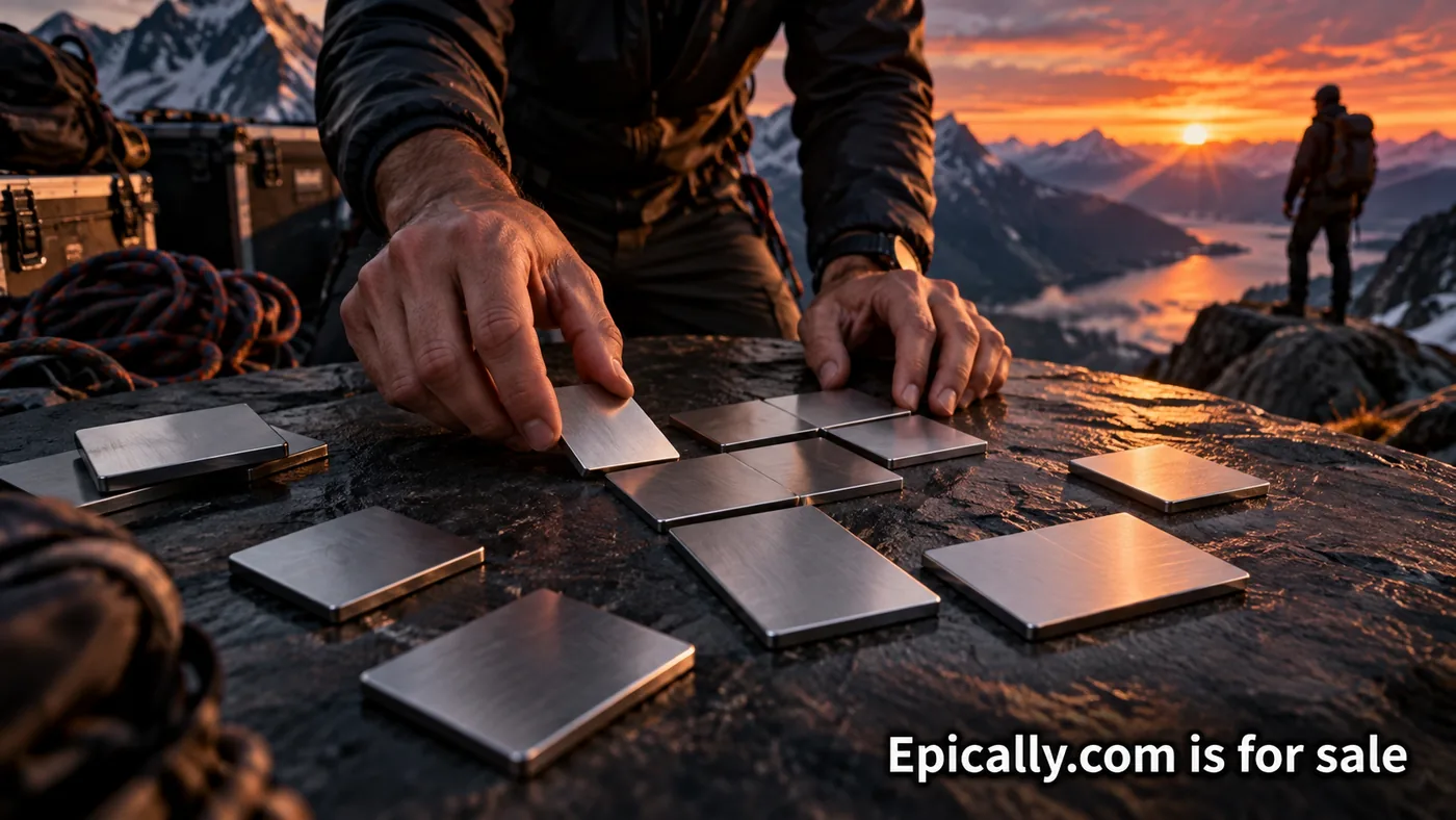 Hands arranging blank metal naming tiles on a rock above a mountain valley