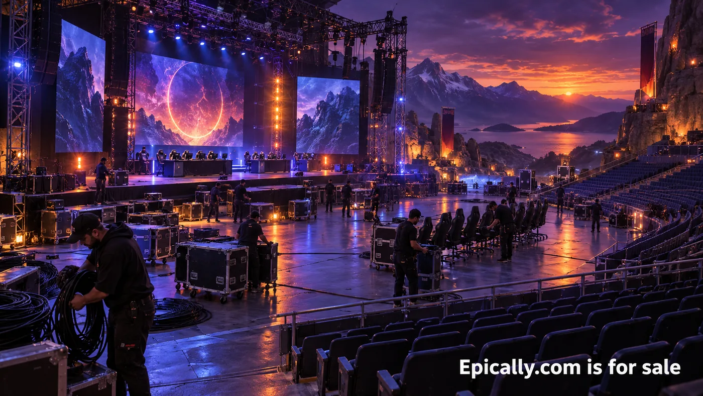 An event team preparing a tournament stage and broadcast setup