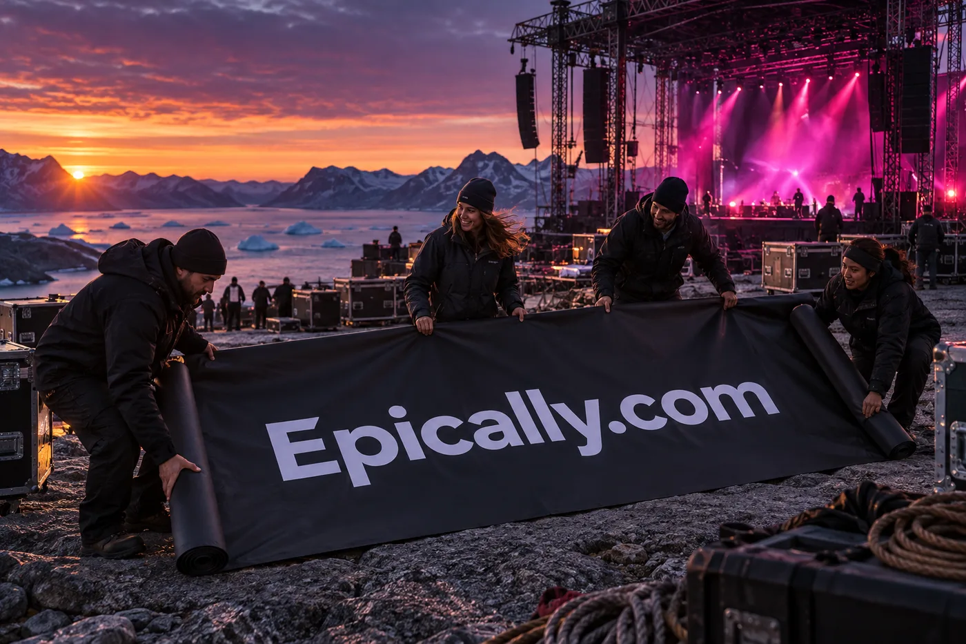 A production crew raising an Epically.com banner beside a mountain festival stage